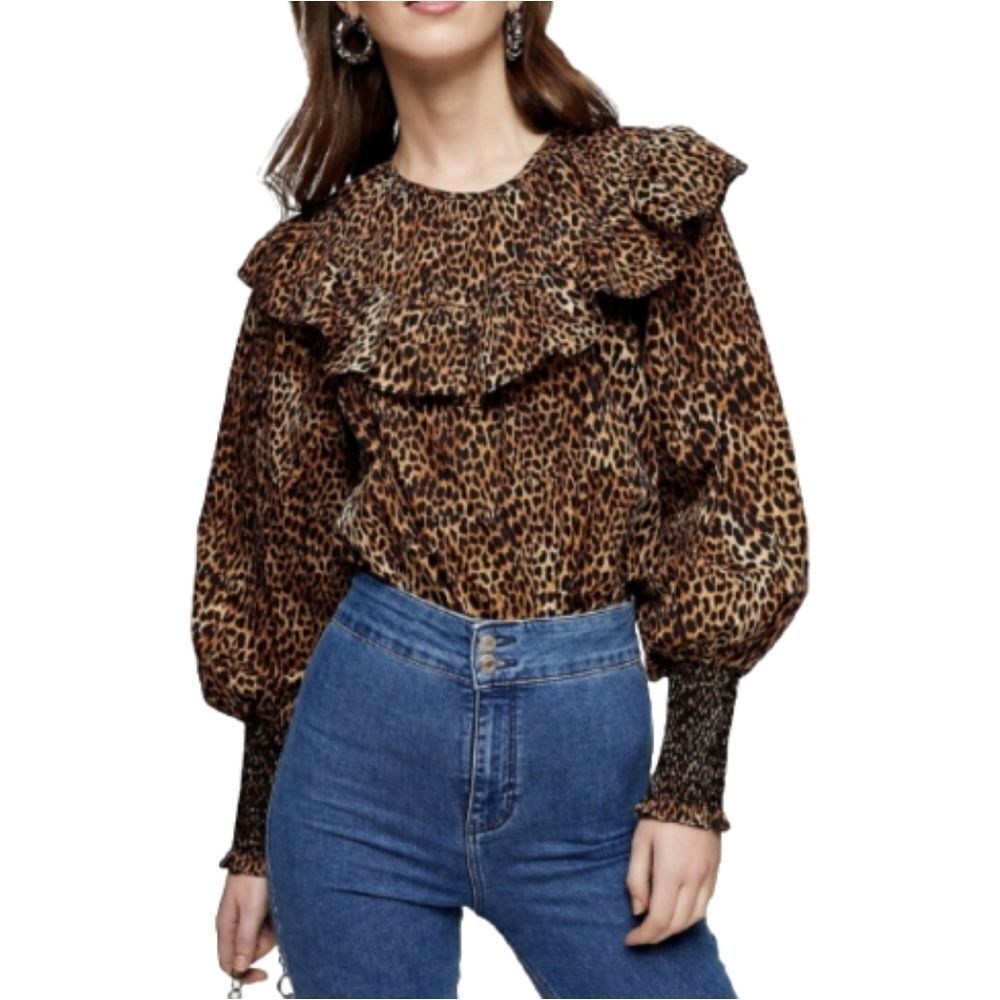 Topshop Animal Print Ruffled Yoke Blouse Womens Size 2